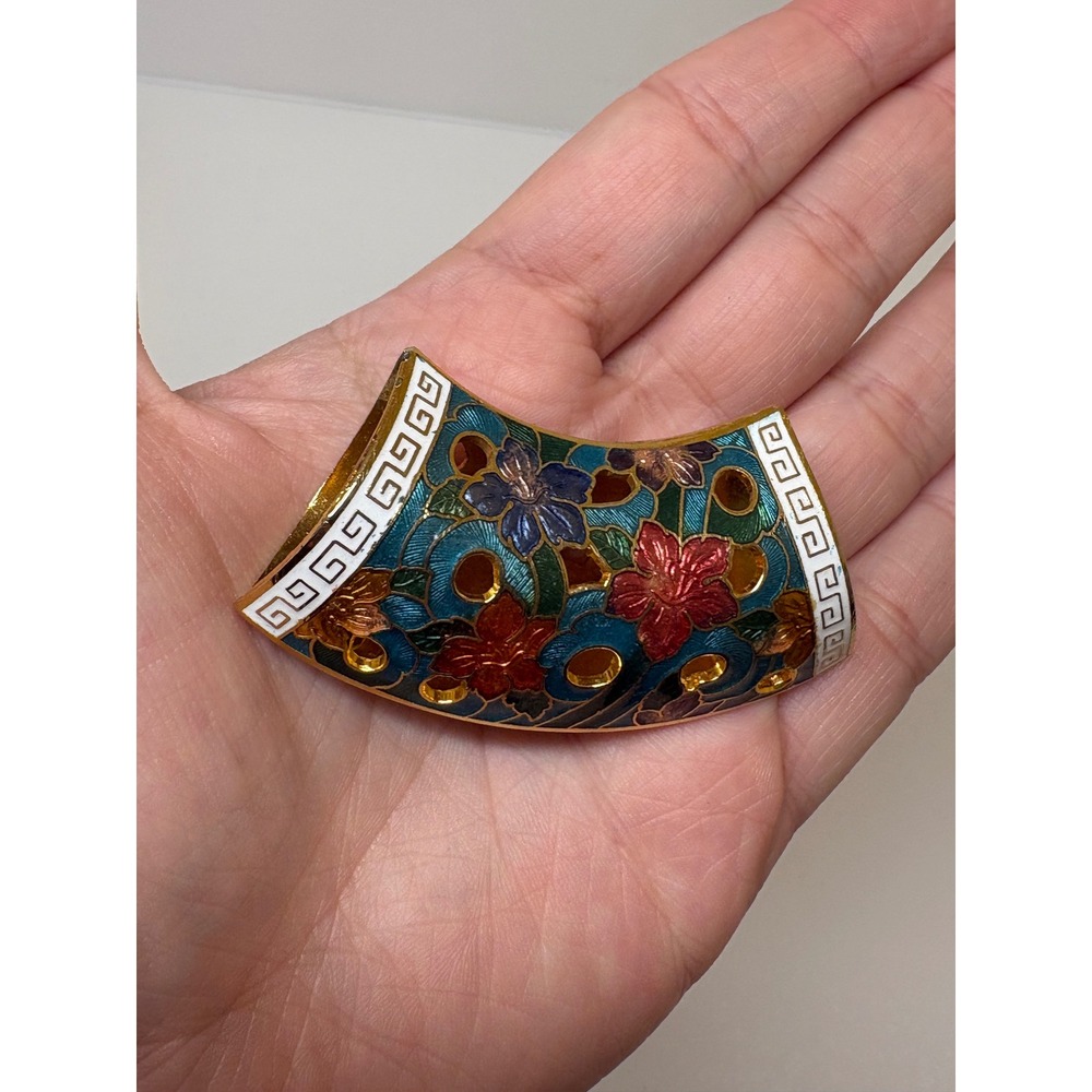 Vintage Cloisonne Enamel Floral Scarf Slide Teal Gold Greek Key Pendant